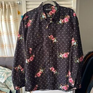 Black ,white polkadots and floral rose, graphic. Button down, long sleeve shirt.